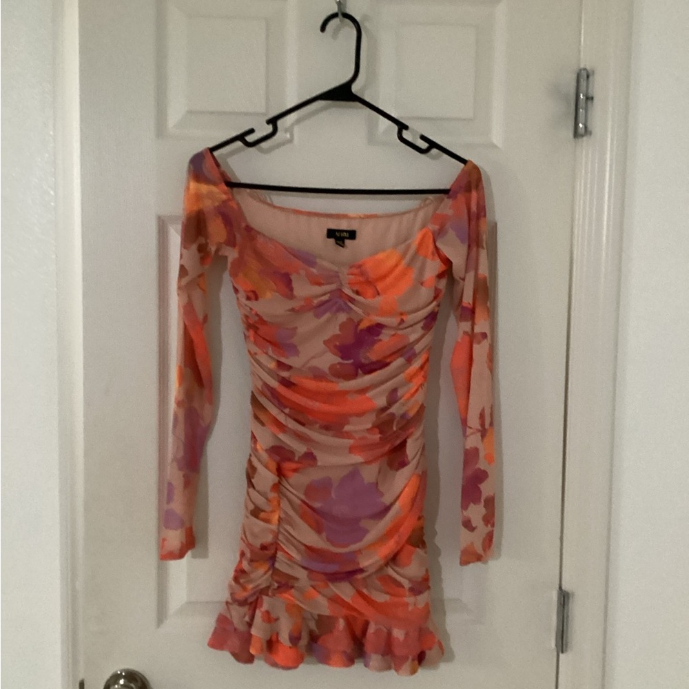 AFRM Floral Ruched Long-Sleeve Mini Dress in Pink & Orange
